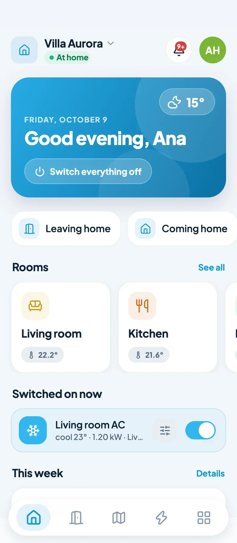 Der Startbildschirm der Fradomos-App zu Hause
