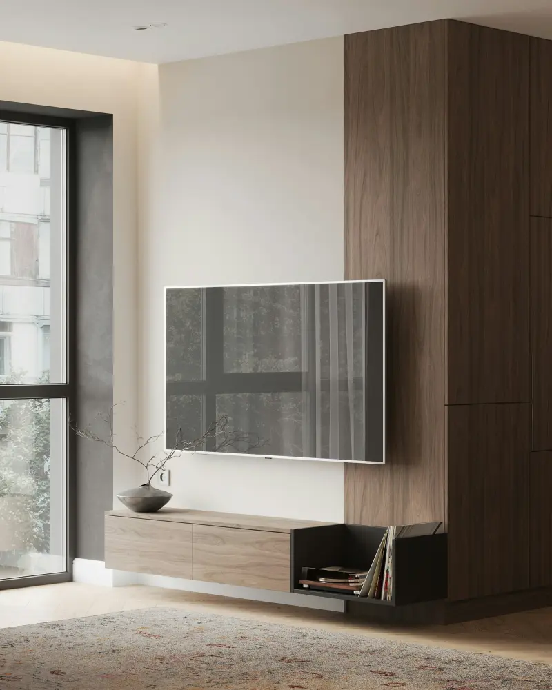Ein Fernseher an einer Wohnzimmerwand