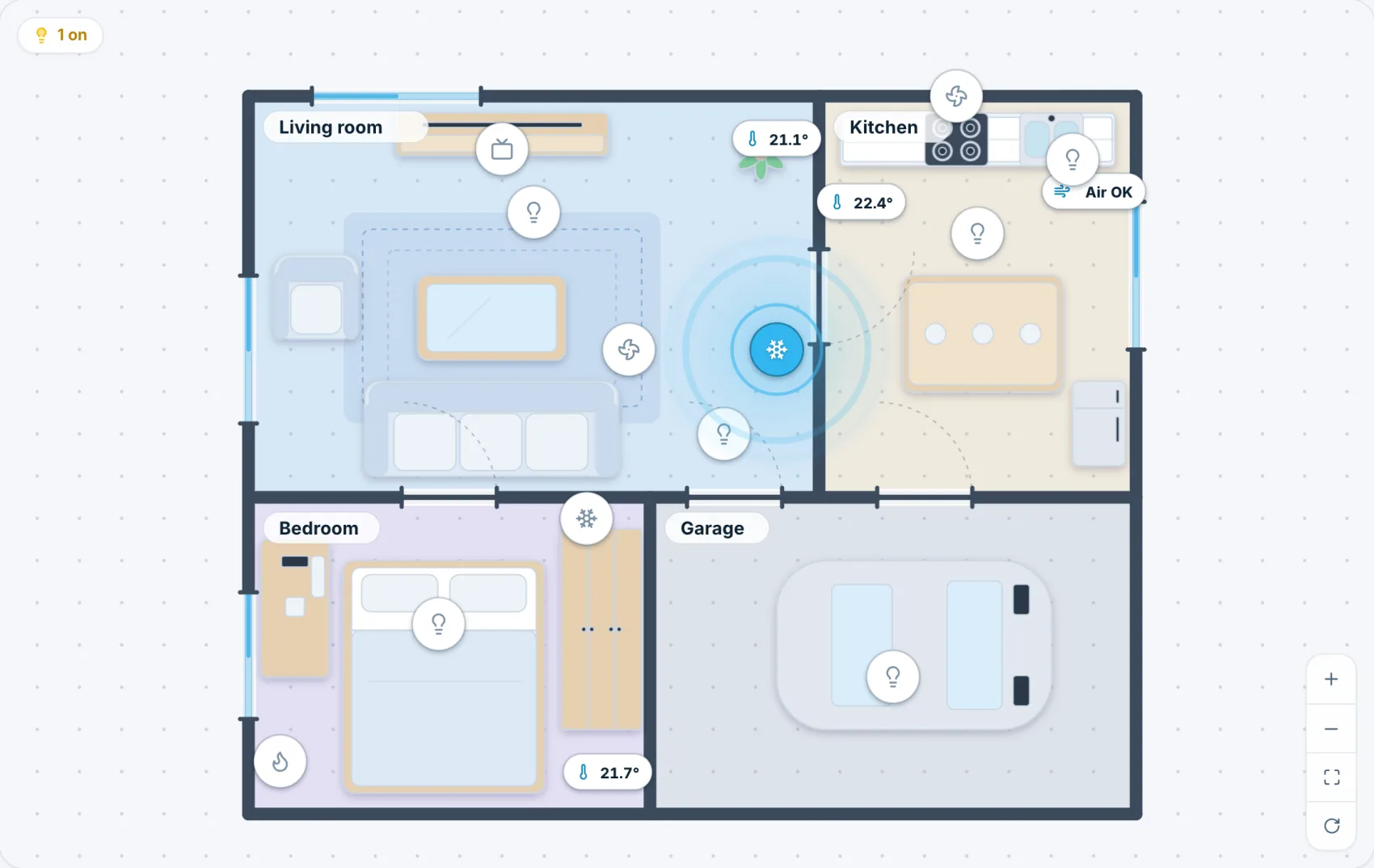 Der Grundriss eines Hauses mit vier Räumen, Möbeln, Lichtern, Sensoren und einer leuchtenden Klimaanlage