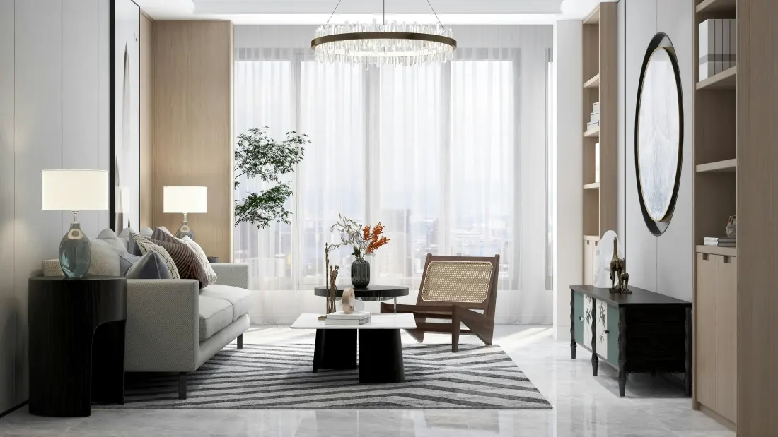 A bright living room with a sofa, a lamp and large windows