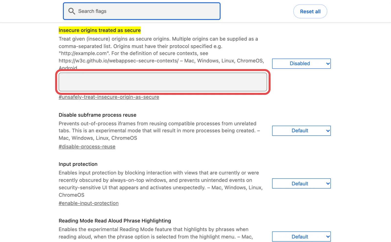 The setting "Insecure origins treated as secure" in chrome://flags, with the empty box marked