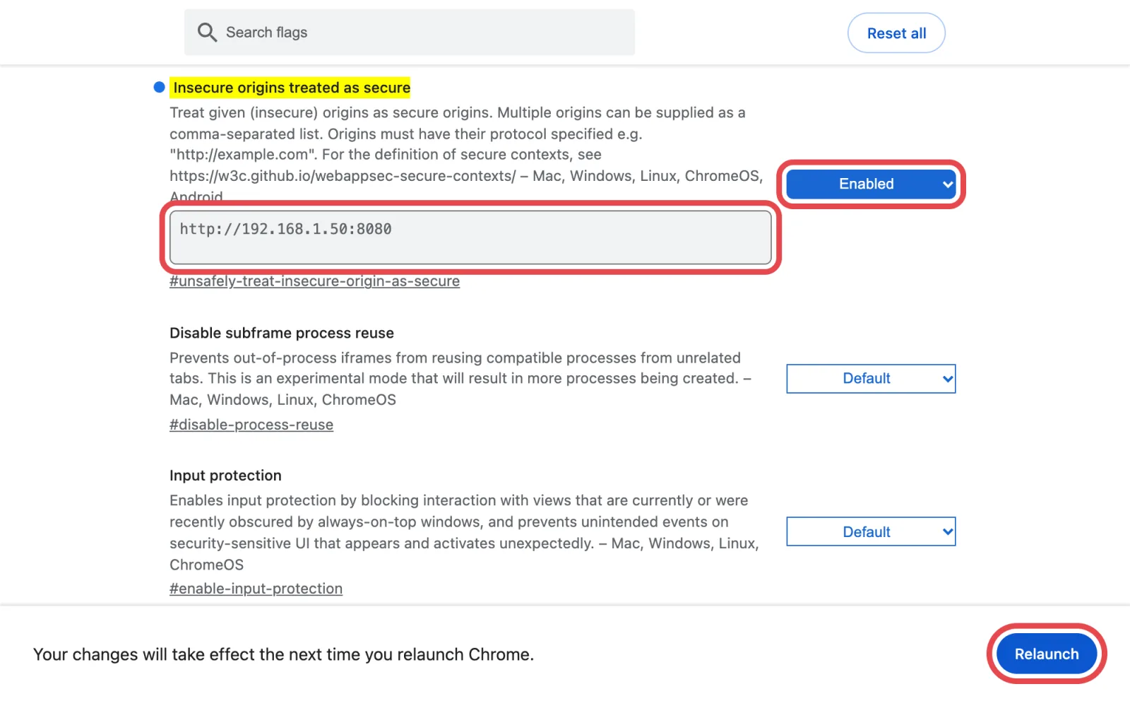 The address typed in the box, the drop-down set to Enabled and the Relaunch button marked