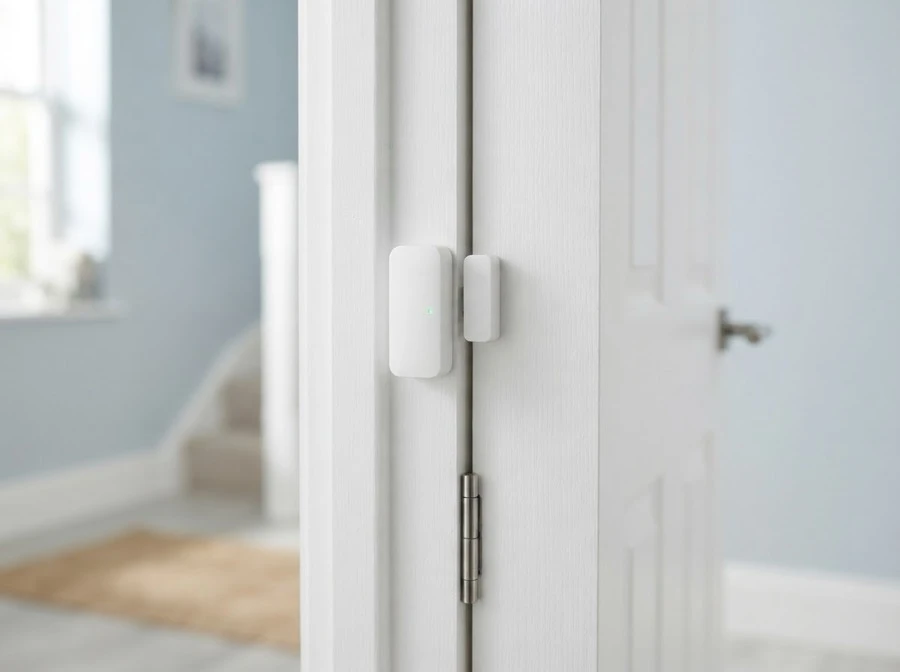 A small white door sensor on the frame of a white door