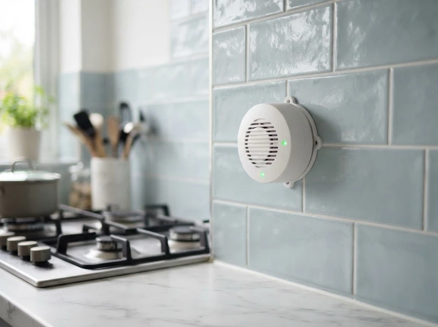 A round white gas sensor on a kitchen wall near the hob