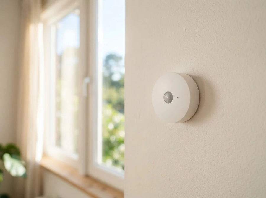 A round white light sensor on a wall next to a sunny window