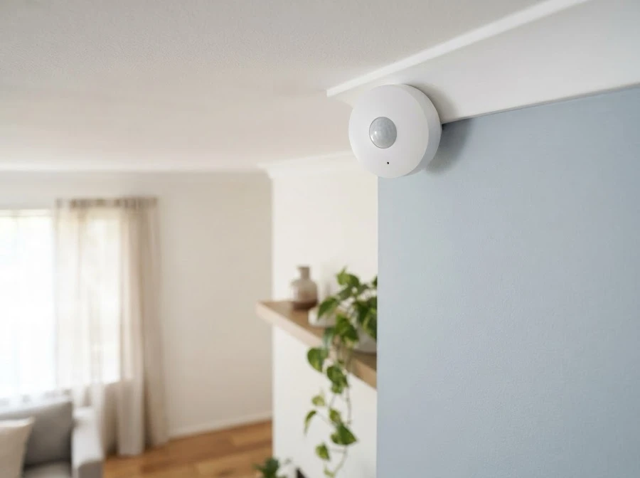 A round white motion sensor high on the wall of a living room