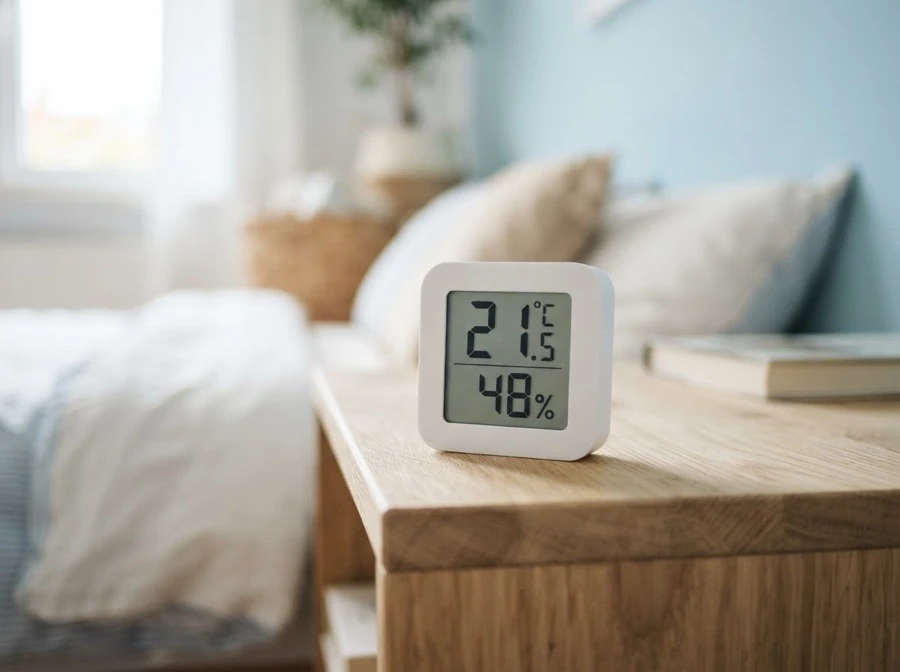 A small display on a bedside table showing 21.5 degrees and 48 percent humidity