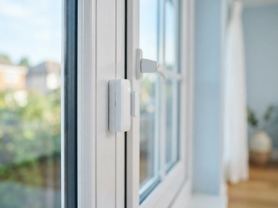 A small white sensor on a window frame, next to the handle